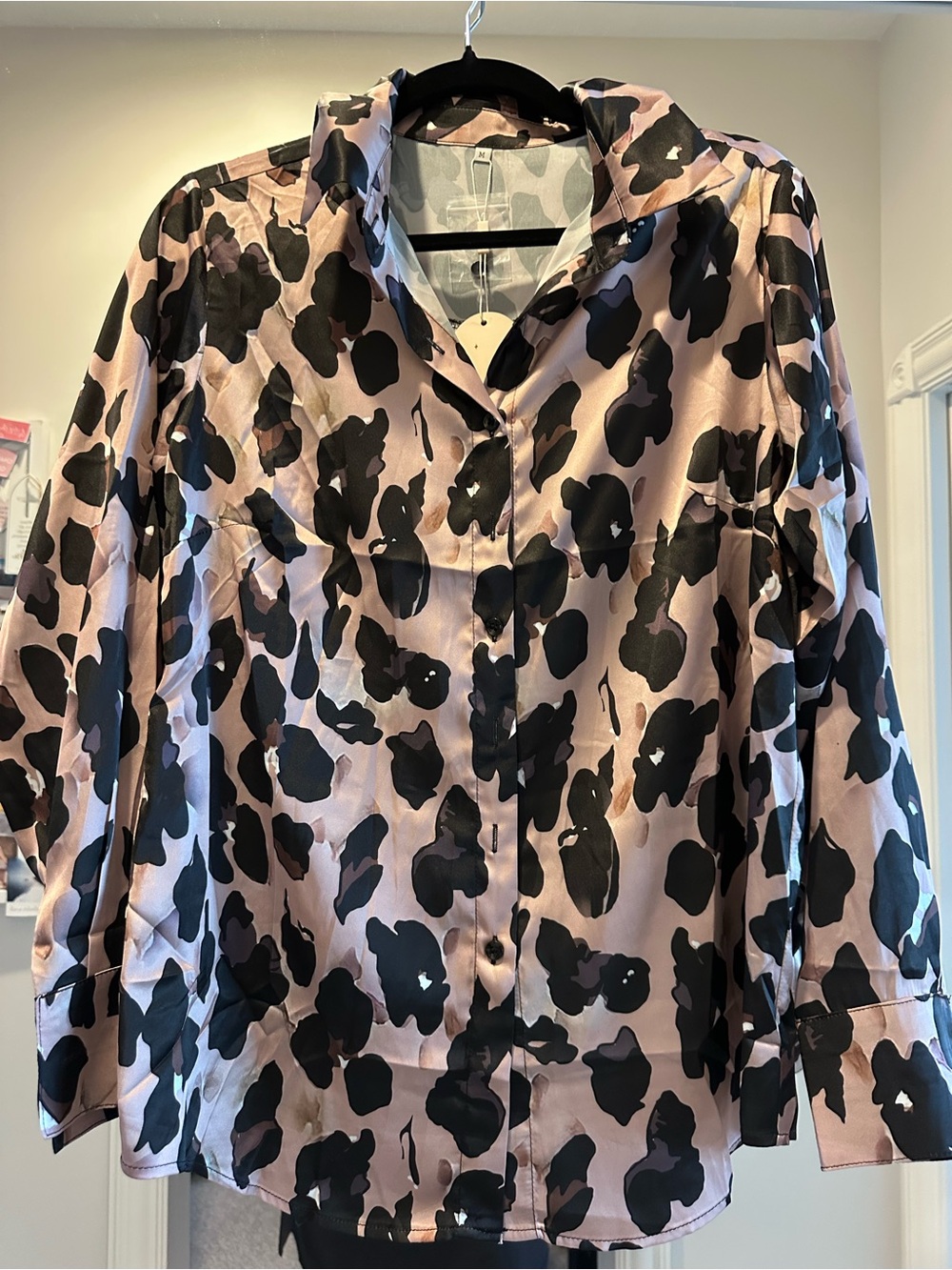 Pink and Black Animal-Print Satin Button Blouse